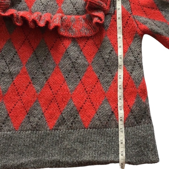 Zara Argyle Turtleneck Ruffle Mohair Blend Red Grey Black Sweater, size S - Picture 14 of 15